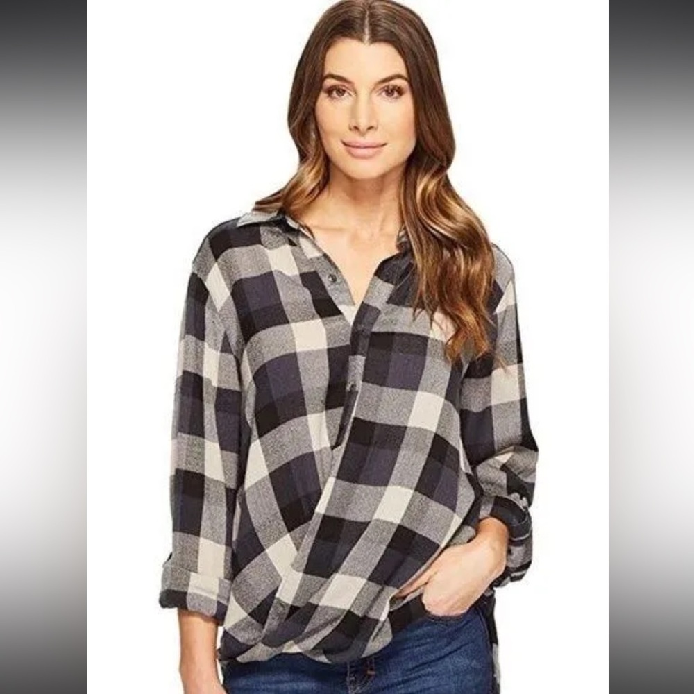 BLANK NYC New Plaid Drape Front Faux Wrap Flannel Button Front Shirt Size Small